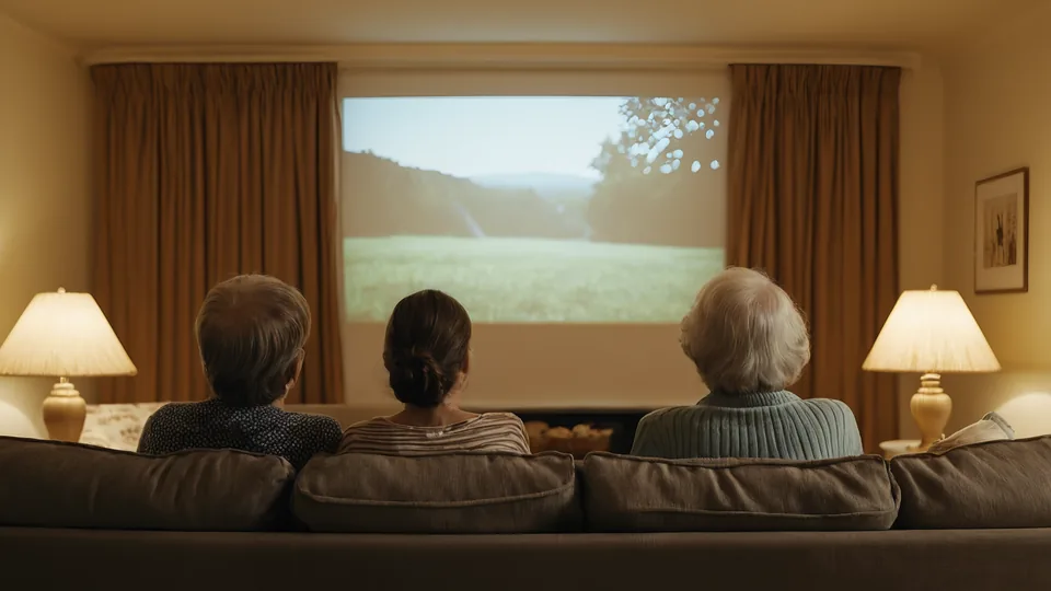 Drei Menschen sitzen am Abend auf dem Sofa und sehen sich ein an die Wohnzimmerwand projiziertes Landschaftsbild an.